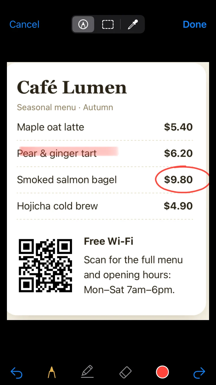 Lasso's editor: a price circled, an item highlighted