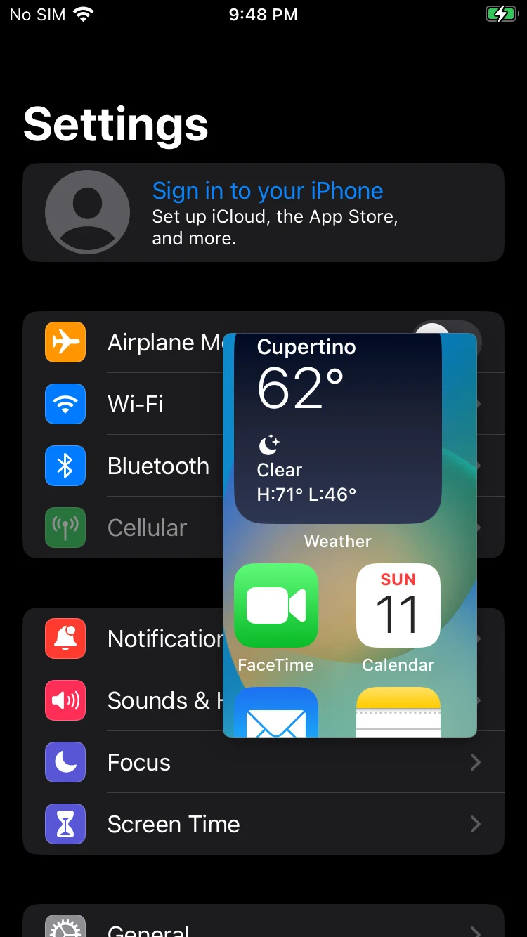 A pinned weather widget floating over Settings
