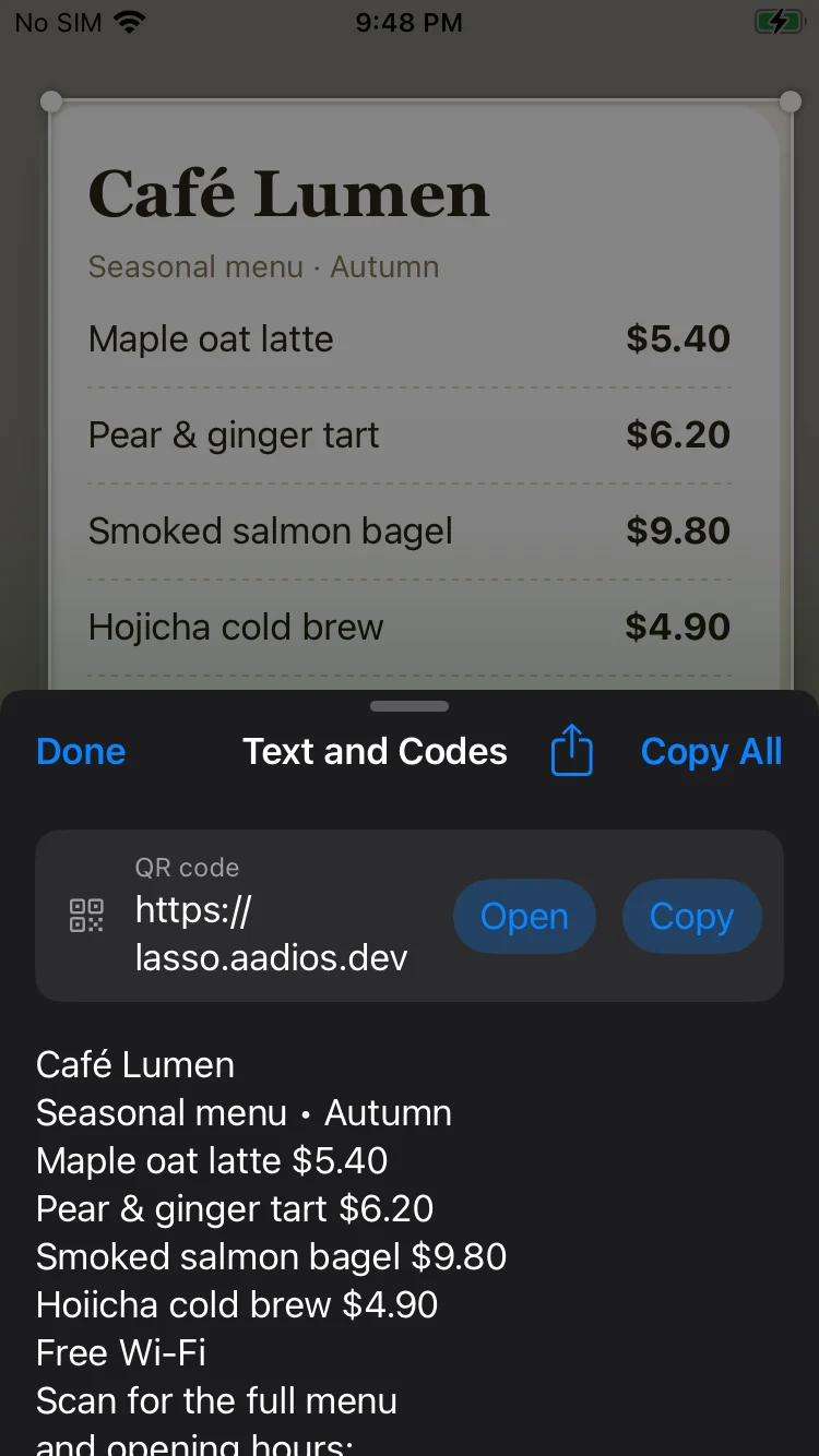 Text and Codes: a menu's text and its QR code's link